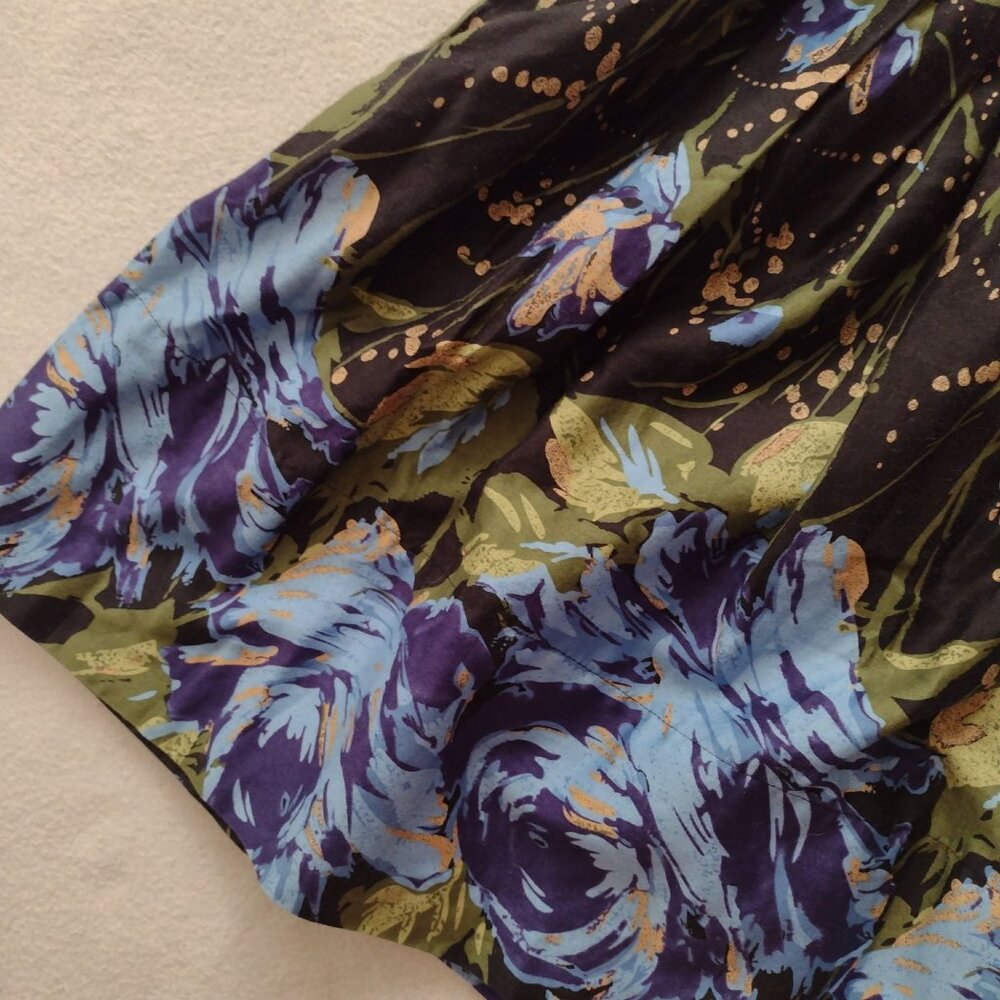 Ann Taylor Loft Floral Full Skirt S6 Black Blue Green Metallic Cotton w Pockets - Picture 5 of 8